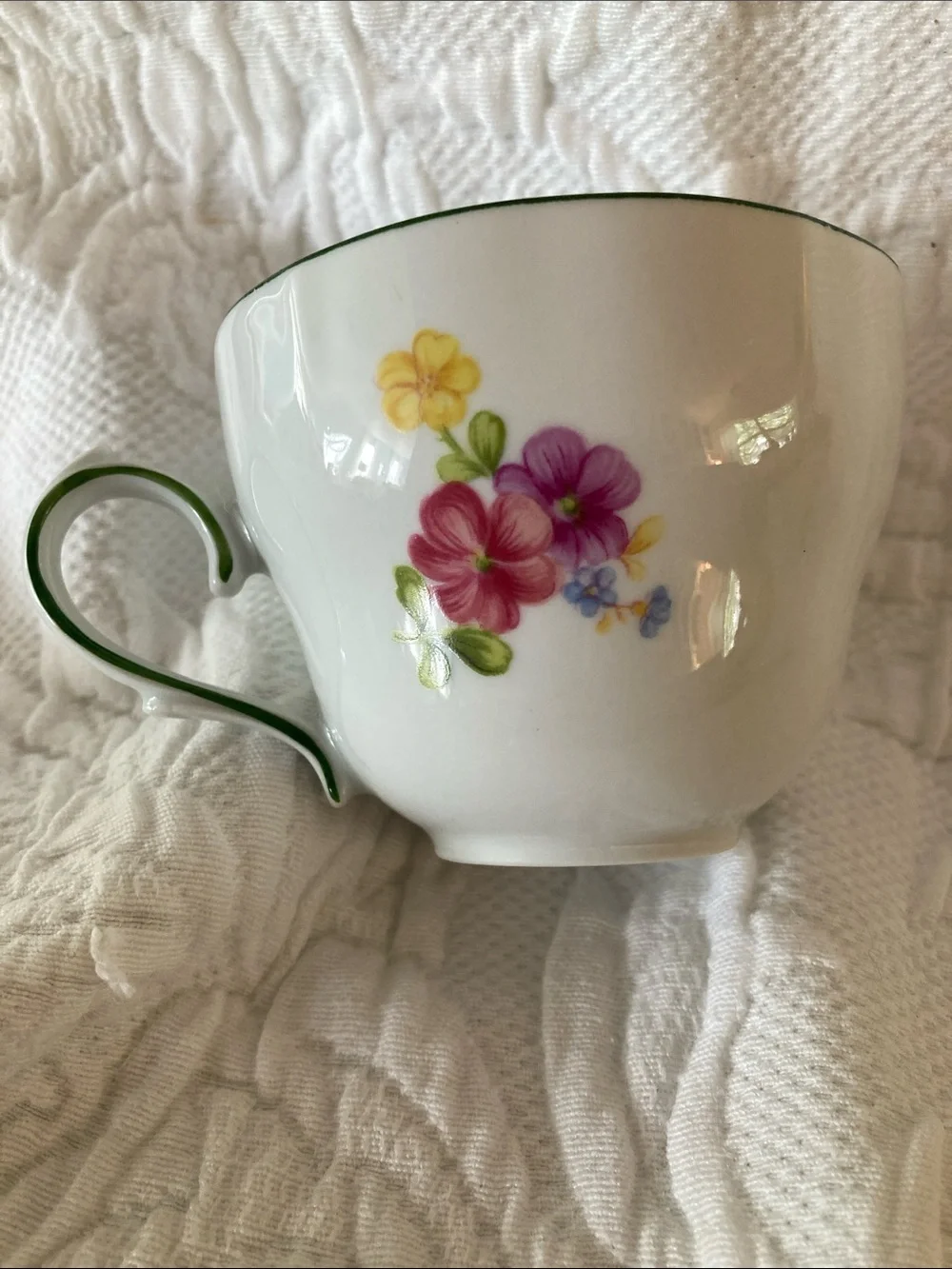 Porcelain Teacup and Saucer Set in White with Pink and Green Floral Trim